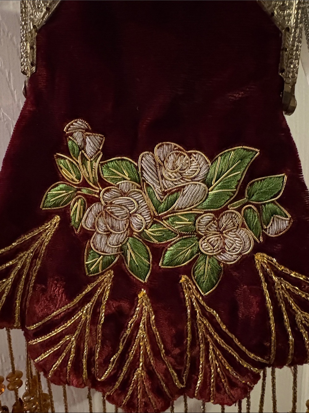 Vintage Beaded Burgundy Floral Velveteen & Brocade Evening Shoulder Bag - Picture 3 of 11